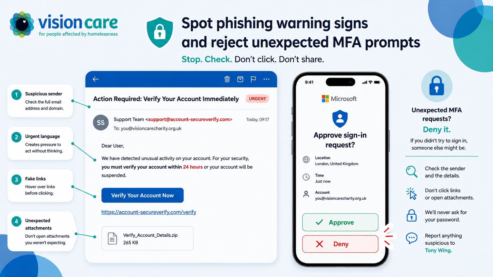 Phishing warning signs and an unexpected MFA approval prompt with Deny selected
